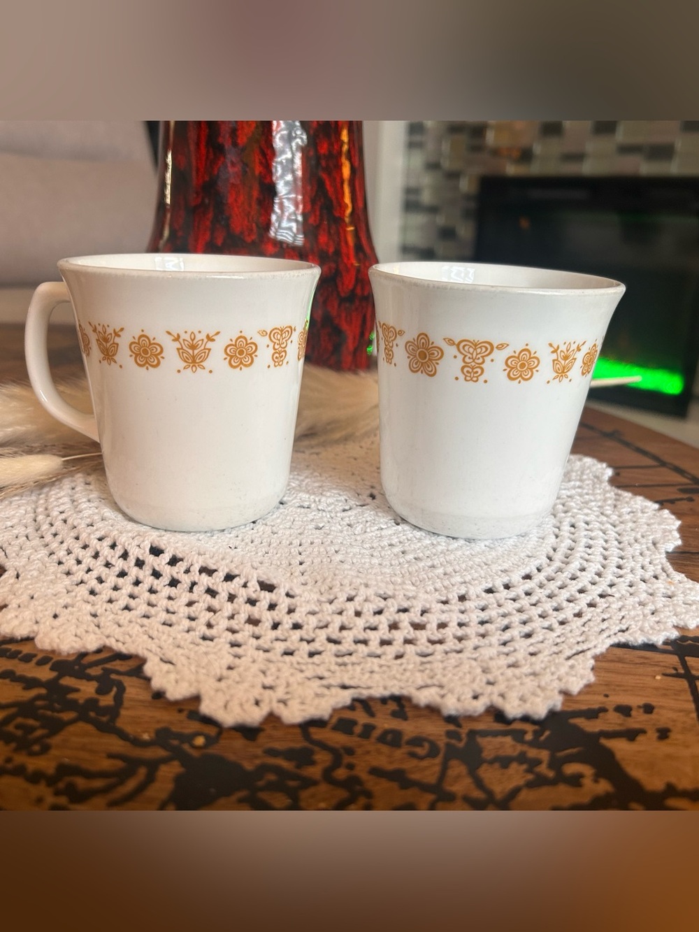 Vintage Corning Butterfly Gold Milk Glass Mugs | Set of 2 | Mid-Century Kitchen